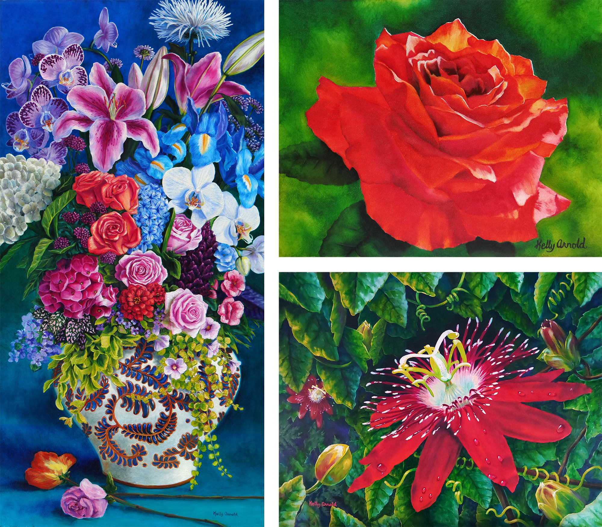 Kelly Arnold botanical, tropical flowers paintings in oil paints