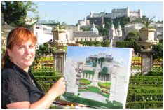 Kelly painting Salzburg Castle, Maribelle Garden Austria